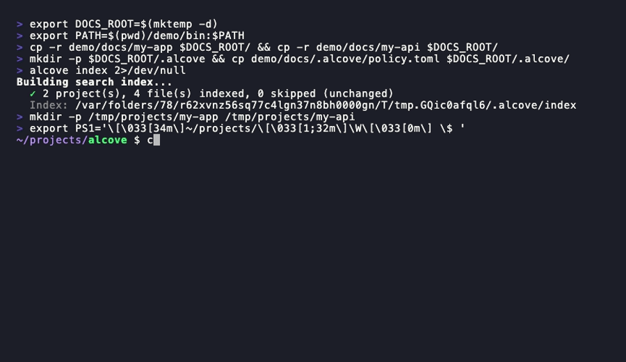 Claude and Codex using alcove: search, project switch, global search, validate